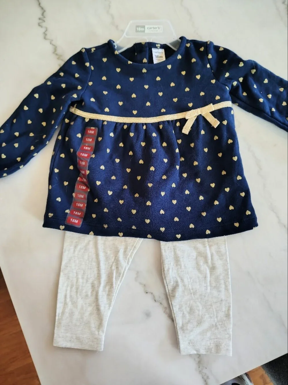 Carters Blue and Gold Heart Bow Matching Long Sleeve Set Size 18 Months